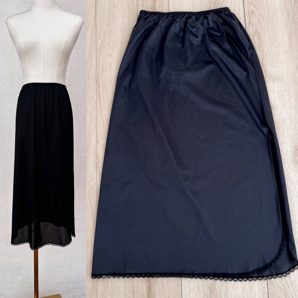 Vintage 80s Wondermaid Black Petticoat Skirt Lace Trim Slip Medium / Whimsigoth